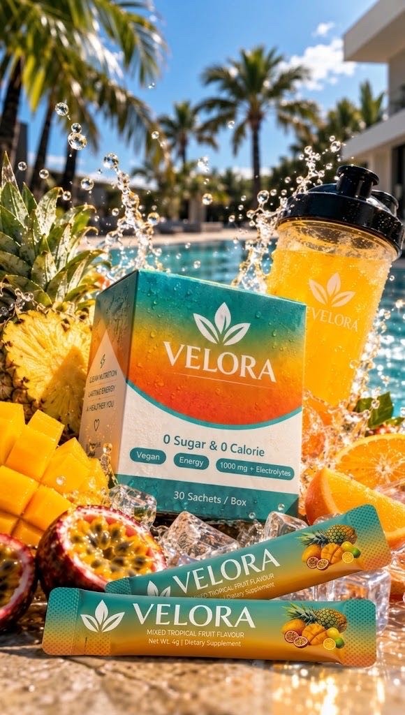 A Velora box of 30 sachets and two open sachets on ice beside a pool, with pineapple, mango, passion fruit, orange and a shaker of tropical drink