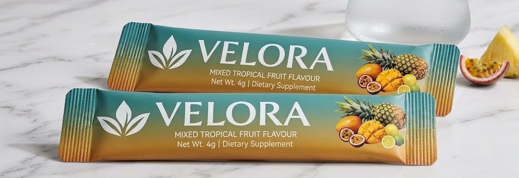 Two Velora mixed tropical fruit flavour sachets on a marble surface next to a glass of water, pineapple and passion fruit
